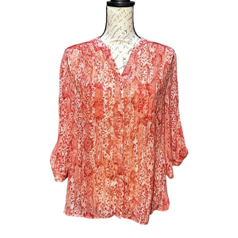 Covington Snakeskin Print Long Sleve Blouse in Red-Orange Size Large Petite